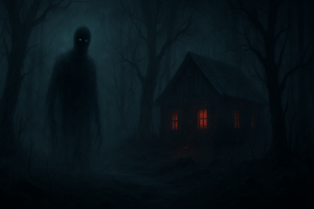 Figura oscura frente a una cabaña iluminada en medio del bosque durante la noche