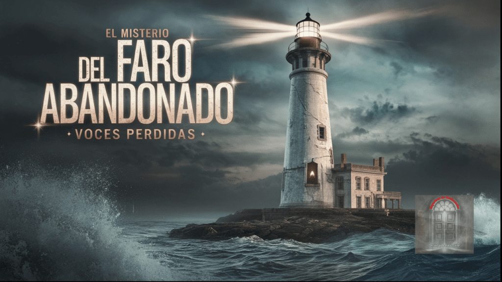 Faro abandonado iluminando el mar durante una noche tormentosa