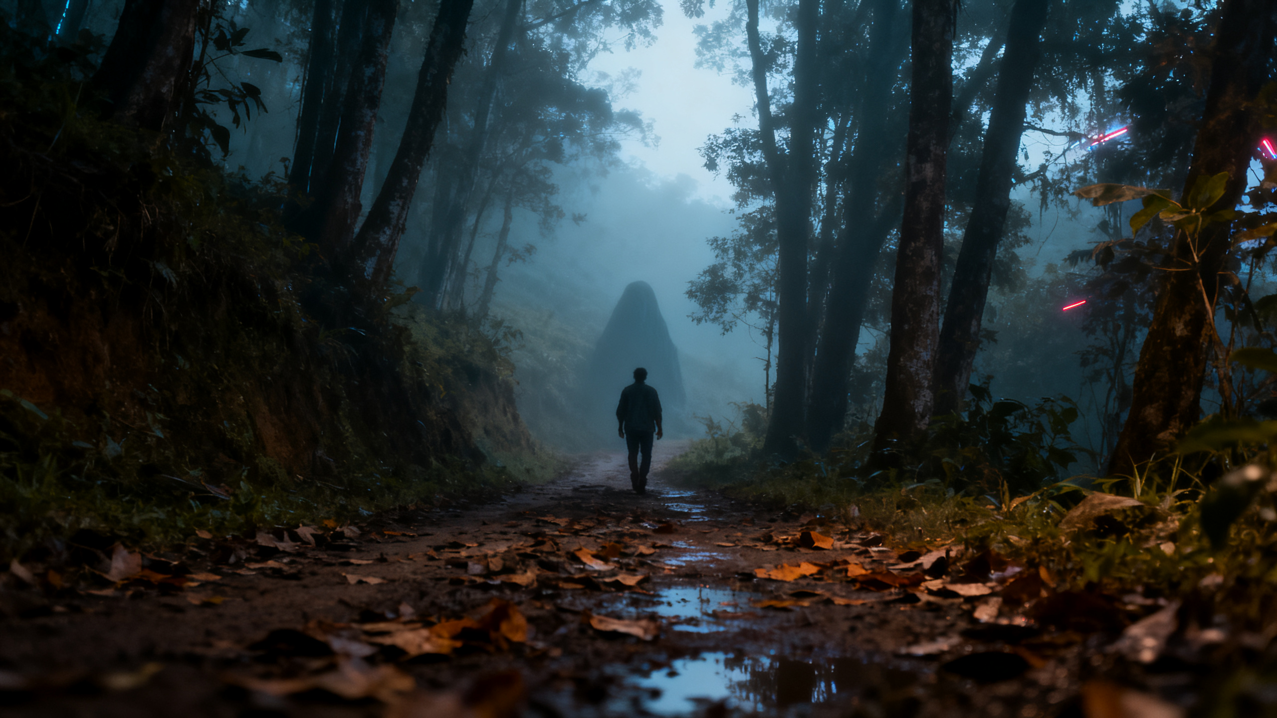 Figura caminando en bosque con presencia oscura al fondo – Cerro Las Piletas