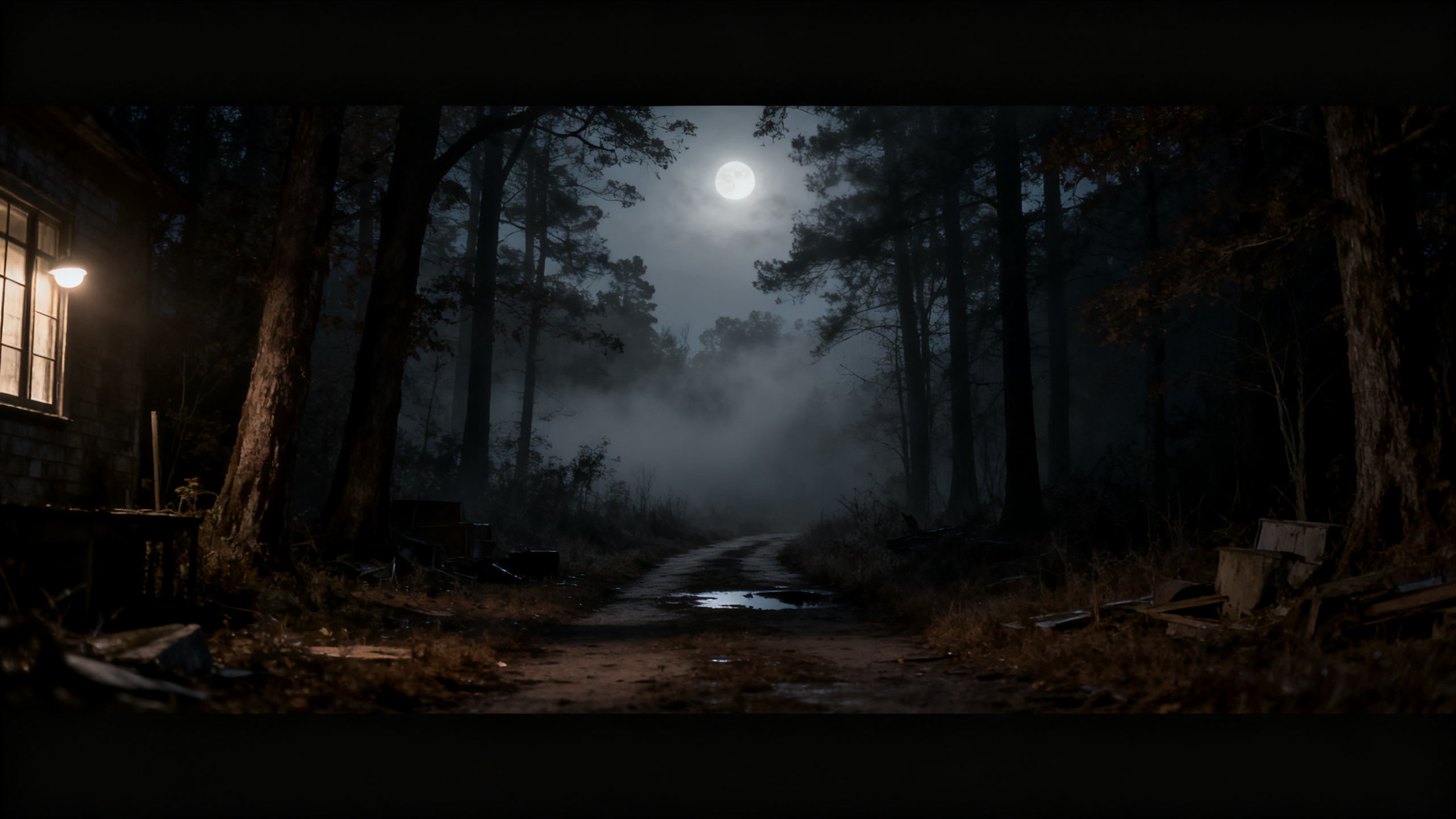Camino oscuro en bosque con luna llena y niebla, atmósfera de misterio y terror nocturno