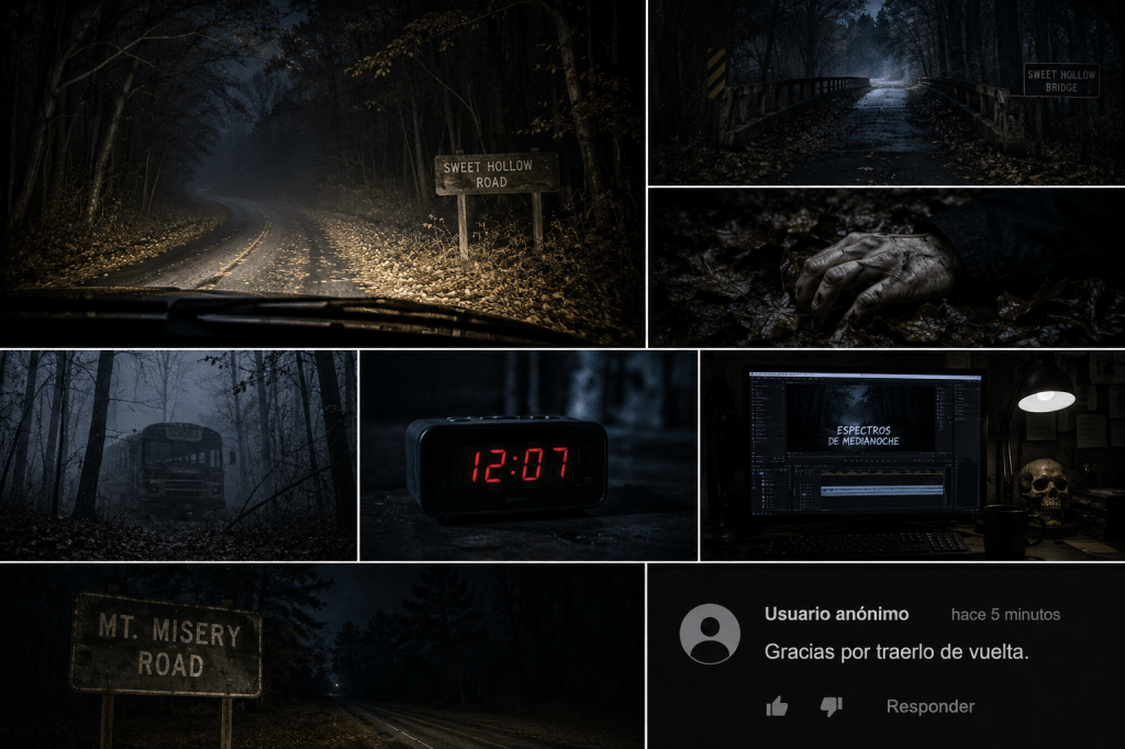 Collage oscuro inspirado en Sweet Hollow Road y Mt. Misery Road, con bosque nocturno, reloj marcando 12:07 y estación de edición de Espectros de Medianoche.