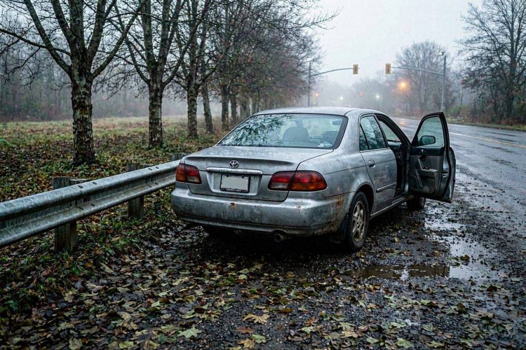 Escena del cuento El Letrero de los Desaparecidos: el auto abandonado de Clara González aparece con la puerta abierta junto a una carretera cubierta de niebla.
