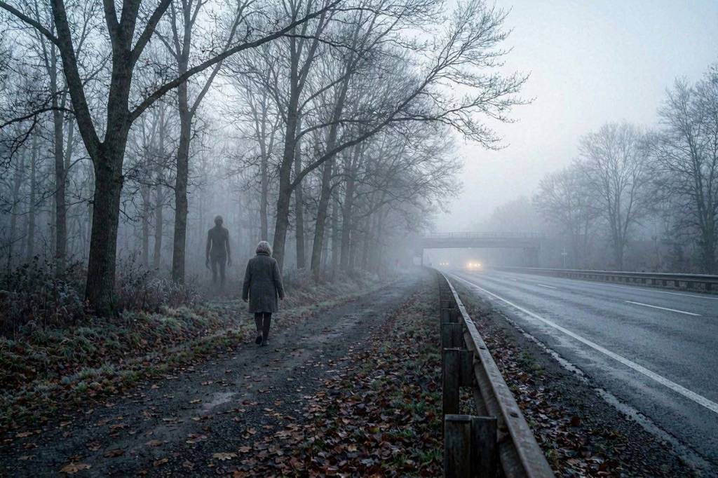 Escena del cuento El Letrero de los Desaparecidos: Clara González camina entre la niebla mientras una figura oscura aparece detrás de ella.