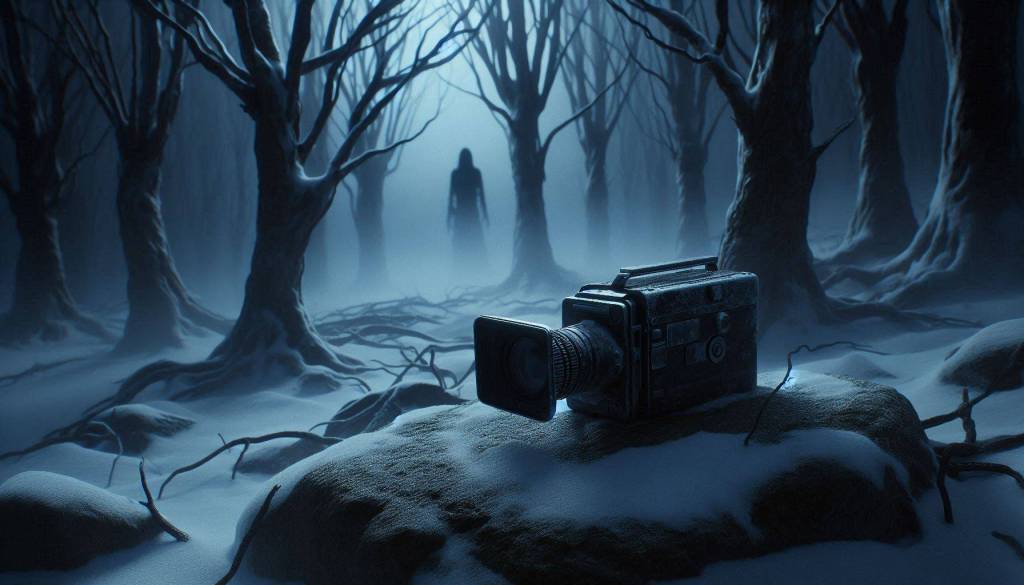 Videocámara abandonada sobre una roca cubierta de nieve en un bosque oscuro. Una figura misteriosa aparece entre la niebla al fondo.