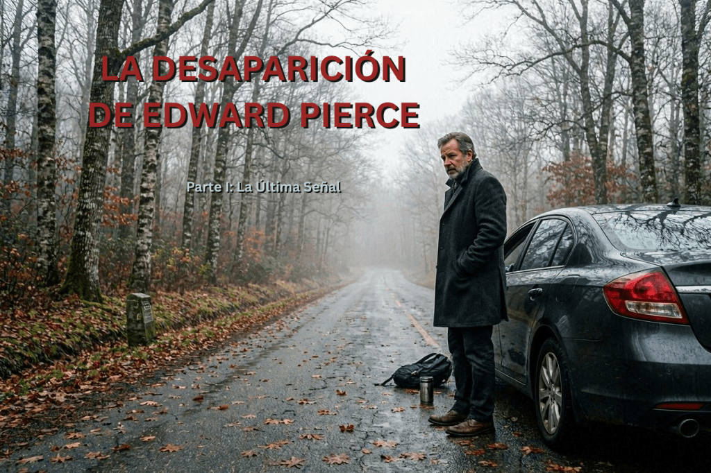 Portada de La Desaparición de Edward Pierce: un hombre de pie junto a un automóvil en una carretera solitaria rodeada de bosque y niebla.