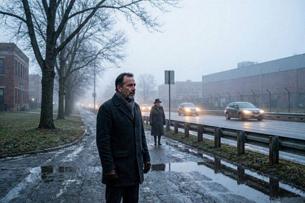 Escena final del cuento El Letrero de los Desaparecidos: Roberto Martínez aparece entre la niebla mirando hacia la carretera como si esperara ser reconocido.