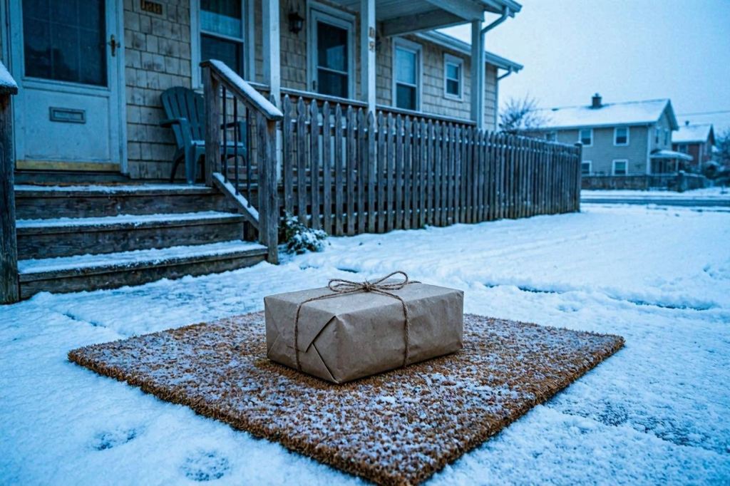 Un paquete envuelto en papel marrón descansa sobre el felpudo de una casa cubierta por la nieve durante un atardecer de invierno.