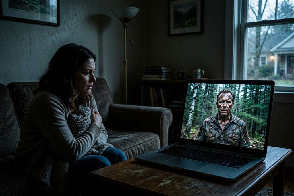 Sarah observa con preocupación un video en su computadora portátil donde aparece Edward Pierce, visiblemente agotado, en medio de un bosque.