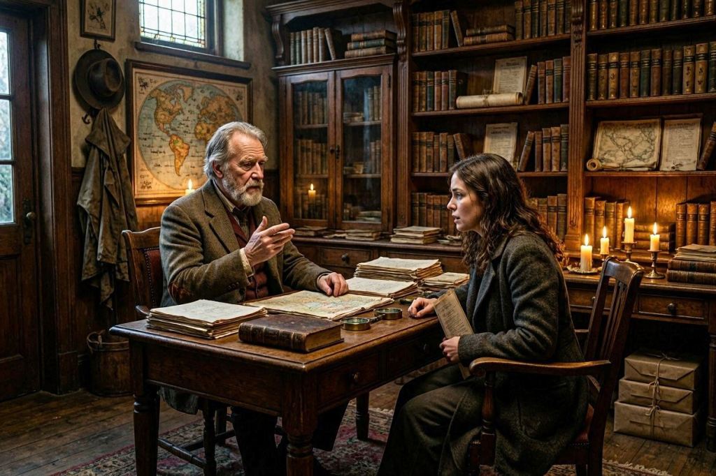 Sarah conversa con el profesor Malcolm Reed en su biblioteca, rodeados de mapas, libros antiguos y documentos relacionados con la desaparición de Edward Pierce.