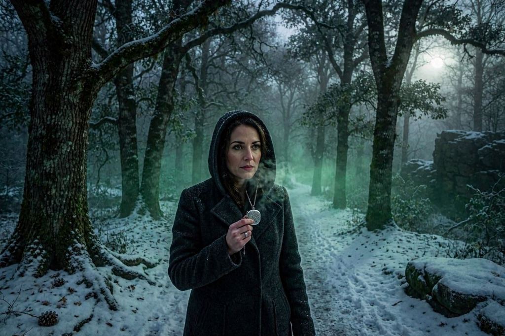 Sarah sostiene un antiguo relicario mientras avanza por el bosque nevado de Devil's Den, rodeada por una tenue niebla verdosa.