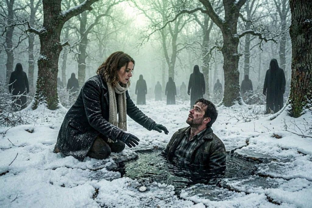 Sarah intenta sujetar a Edward mientras un pozo oscuro lo traga en el bosque nevado de Devil's Den, bajo la mirada de figuras sombrías.