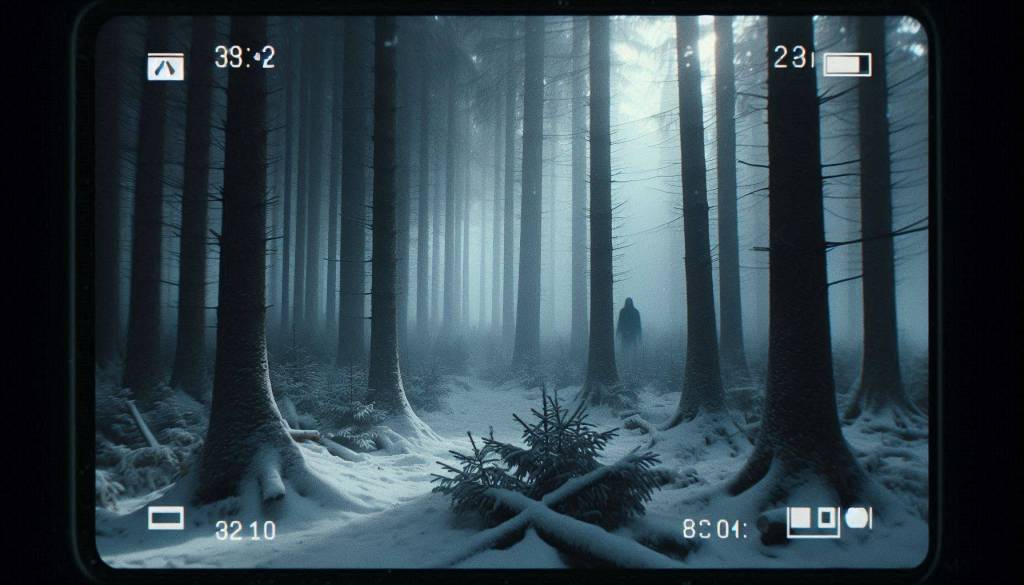 Imagen capturada por una cámara de video donde una silueta humana aparece entre los árboles de un bosque invernal.