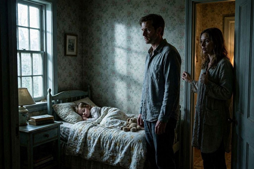 Edward permanece inmóvil junto a la cama de su hija Emily mientras Sarah observa con preocupación desde la puerta de la habitación.