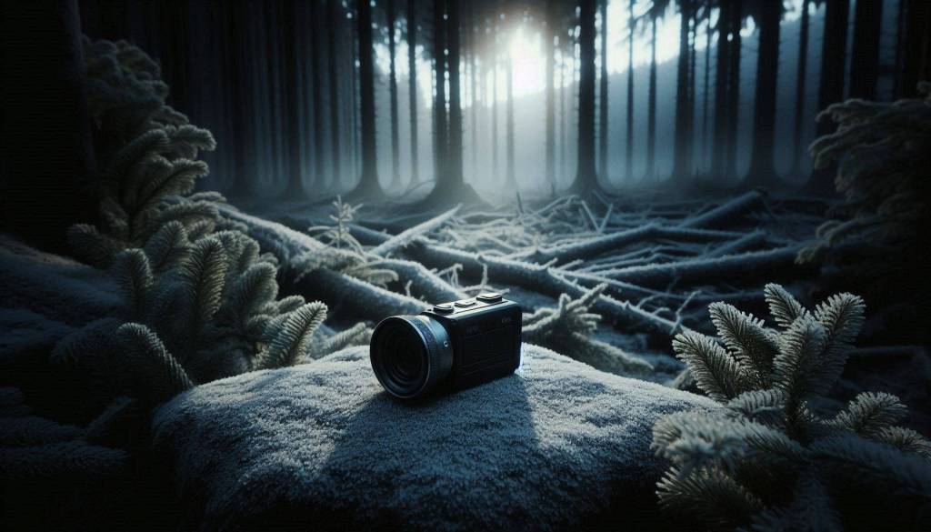 Cámara de video sobre una roca cubierta de escarcha en un bosque oscuro y silencioso durante una mañana de invierno.