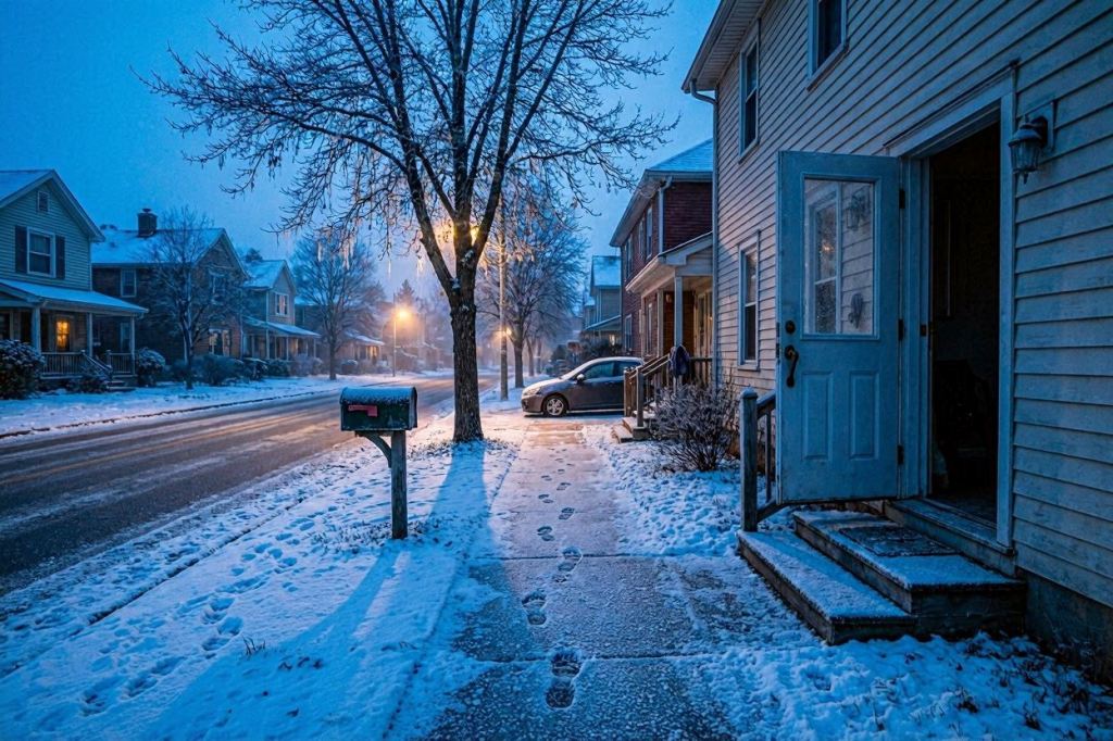 La puerta de una casa permanece abierta mientras unas huellas se alejan sobre la nieve en una tranquila calle de Long Beach, Long Island.
