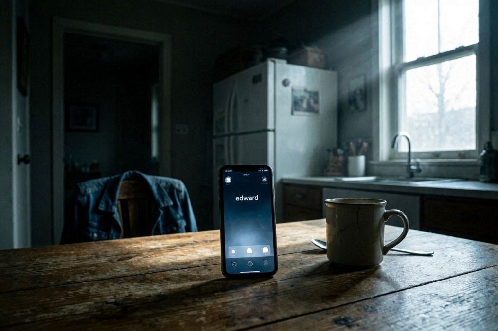 Teléfono móvil iluminado sobre una mesa de cocina durante la madrugada mientras entra una llamada.