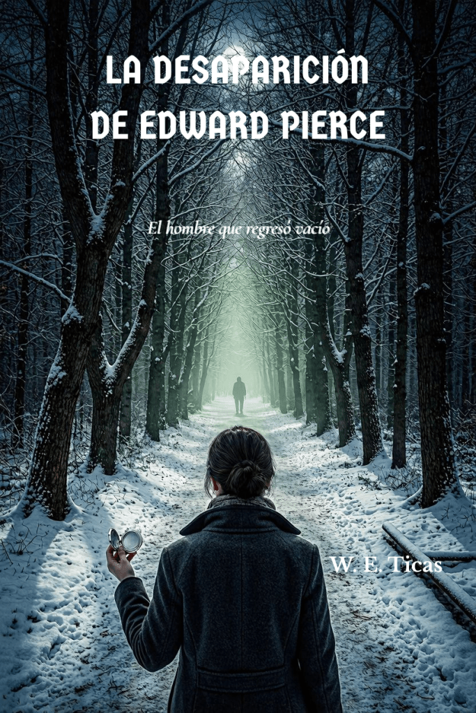 Cover illustration for "La desaparición de Edward Pierce." A woman stands in a snowy forest holding an open silver locket while looking toward a lone figure in the distance beneath a pale green light.