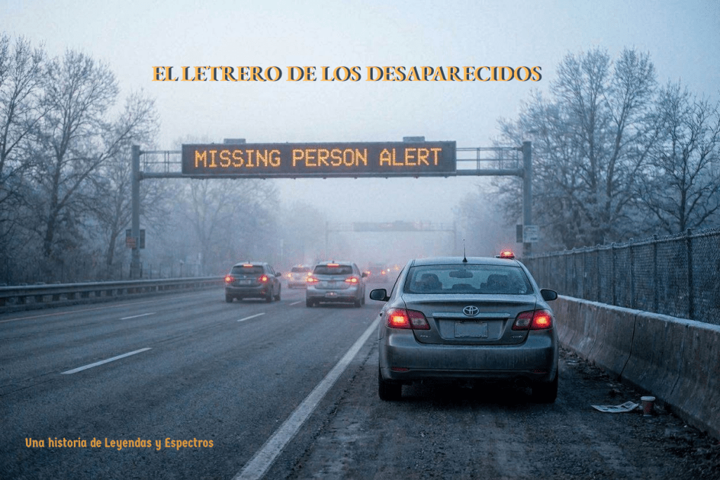 Portada de El Letrero de los Desaparecidos: una carretera solitaria envuelta en niebla, un cartel digital de persona desaparecida y un automóvil detenido bajo una atmósfera inquietante.