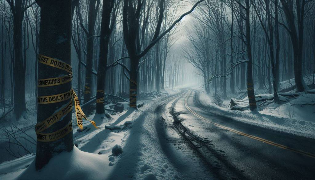 Foggy winter road through a dark forest, with yellow warning tape wrapped around trees along the roadside.