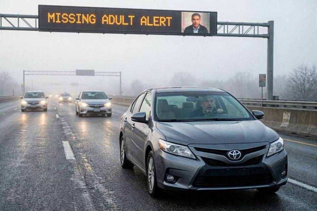 Escena de El Letrero de los Desaparecidos: Roberto Martínez descubre su propio nombre en un letrero digital de adulto desaparecido mientras permanece dentro de su auto.