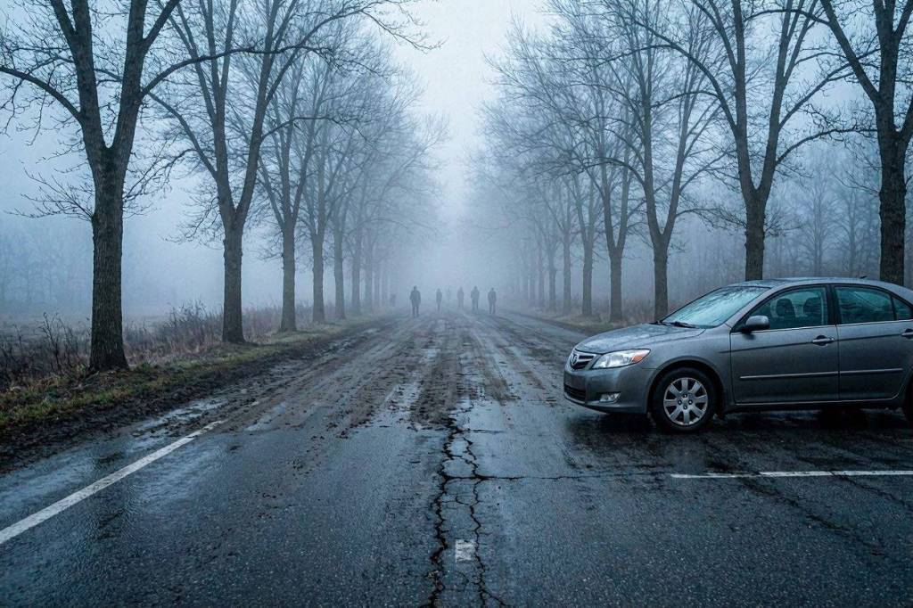 Escena del cuento El Letrero de los Desaparecidos: el auto de Roberto queda detenido mientras la carretera se transforma en un sendero cubierto de niebla.