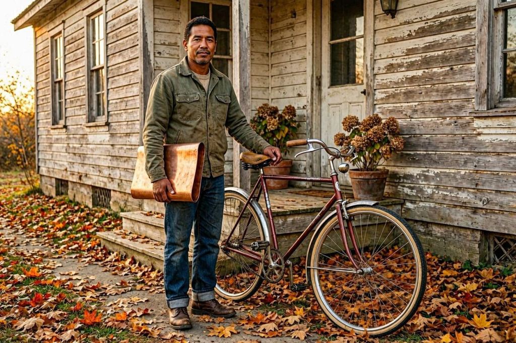 Hombre con una bicicleta frente a una vieja casa de madera sosteniendo un recipiente metálico.
