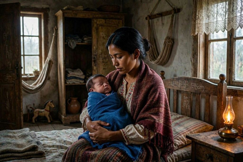 Madre sostiene a su bebé recién nacido en una habitación rústica iluminada por una lámpara de aceite.