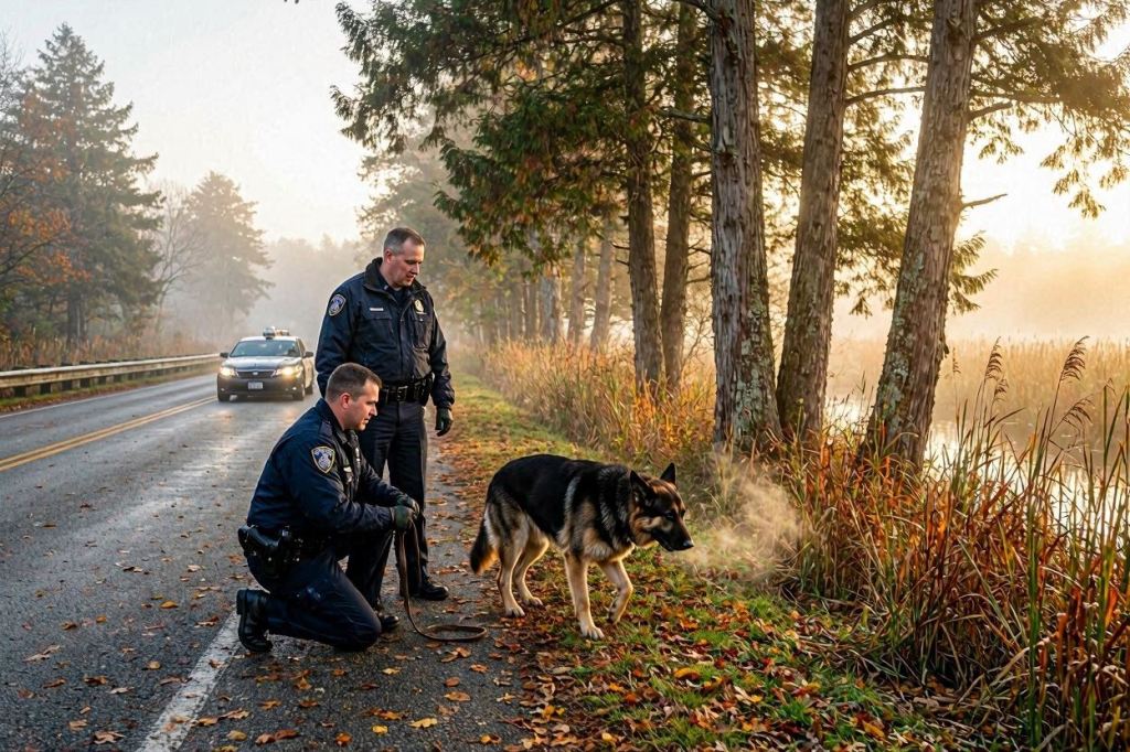 Policías con un perro de búsqueda inspeccionan la orilla de un pantano.
