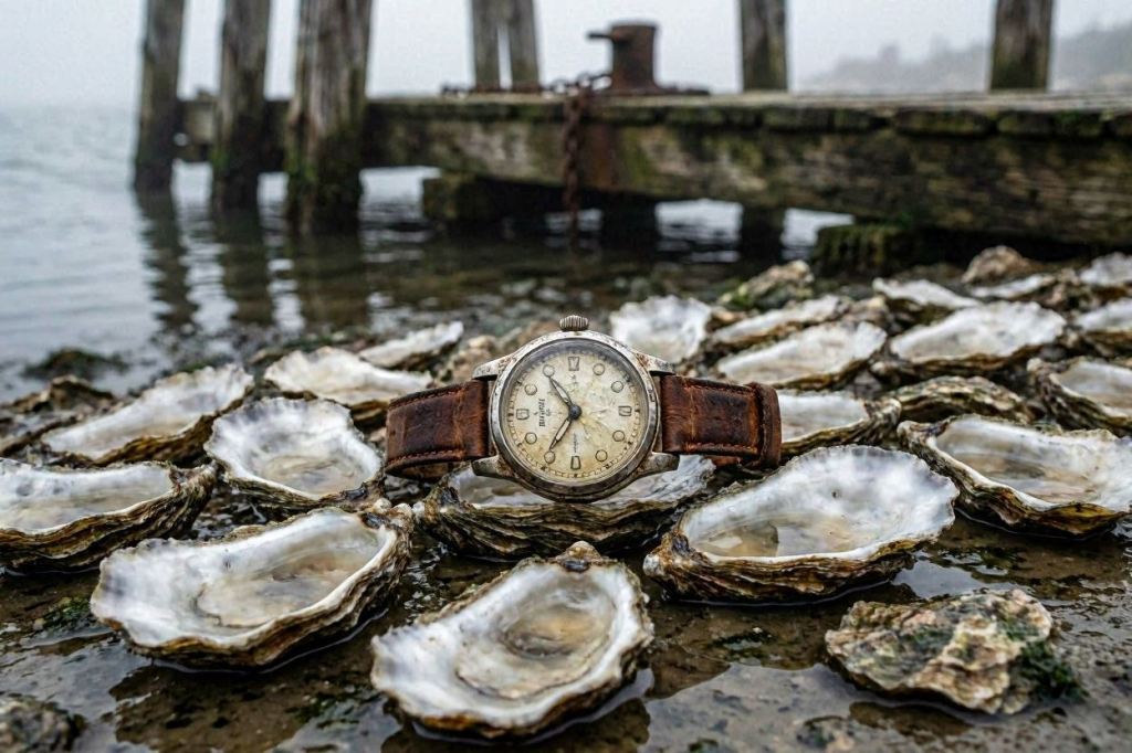 Reloj antiguo entre conchas de herradura junto a un viejo muelle de madera.
