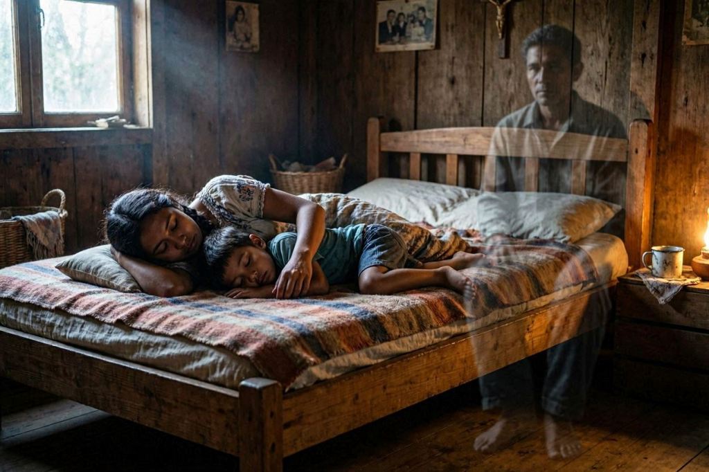Madre y su hijo duermen mientras la figura fantasmal de un hombre vela silenciosamente junto a la cama.