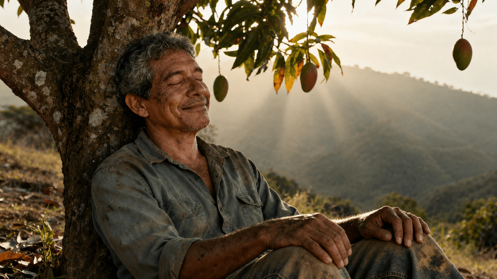 Ricardo sentado al pie de un árbol de mango en Las Piletas, con los ojos cerrados y una expresión serena.
