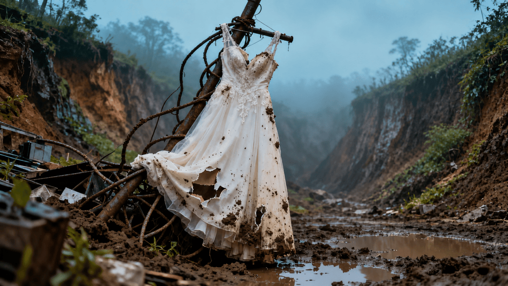 Vestido de novia abandonado entre el barro y los restos de un barranco, representación artística de La Novia de Las Piletas.