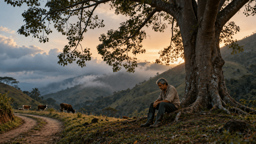Ricardo sentado solo bajo un árbol en Las Piletas, rodeado de un paisaje rural y montañoso.