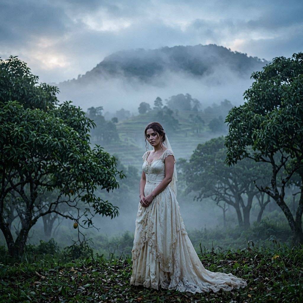 Mujer vestida de blanco camina hacia las montañas entre la bruma, representación artística de La Novia de Las Piletas.